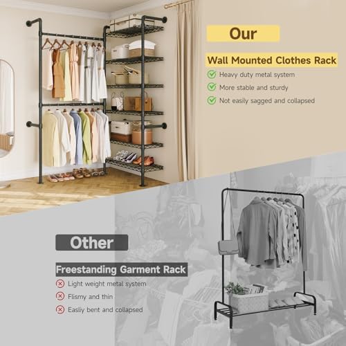 ONBRILL L2 Wall Mounted Closet System, Industrial Pipe Clothing Rack, Black - Image 4