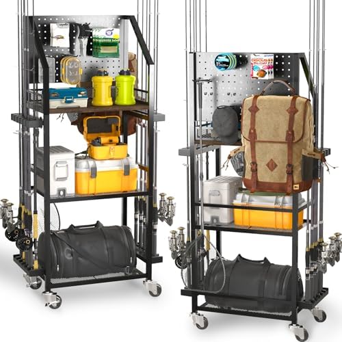 SOYEEZE Fishing Rod Holders for Garage, Fishing Pole Holders Up to 12 Rods with Pegboard and Hooks,Rolling Fishing Cart with Wheels, Fishing Gear Storage For Tackle Box & Reel Organization- 10 Hooks by SOYEEZE