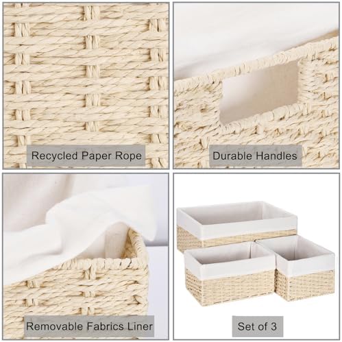Vagusicc Wicker Basket, Set of 3 Hand-woven Storage Baskets for Organizing, Decorative Bathroom Wicker Storage Basket Bins with Handles, Small Toilet Paper Storage Baskets for Shelves & Decor, Beige - Image 2
