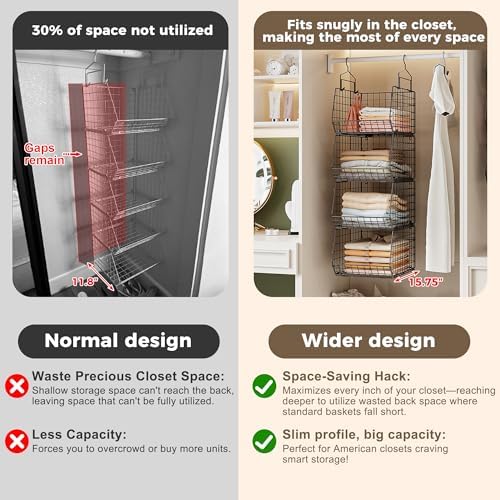 4" Extra Deeper Hanging Closet Organizers and Storage,4 Tier Foldable Wire Cabinet Shelves with 5 S Hooks,Small Metal Basket Bins for Clothes Sweaters Handbags, Wardrobe for Kitchen Laundry Room，Black - Image 4