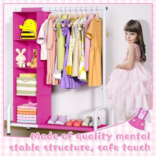 Univivi Kids Clothing Rack with Hanging Organizer, Rose Red and White - Image 6
