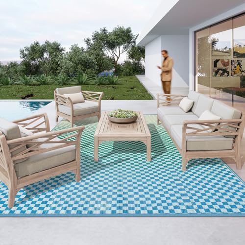 Wonnitar Waterproof 9x12 Outdoor Rug - Blue Yellow Gradient Geometric Patio Rug, Extra Large Plastic Straw Carpet for Balcony Beach Garden Deck, Reversible Outdoor RV Camping Mat - Image 6