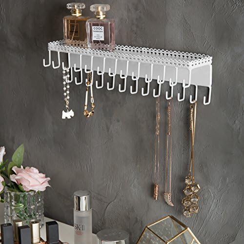 MyGift White Metal Wall-Mounted Jewelry Hanging Shelf with 26 Necklace Hooks, Set of 2 - Image 3