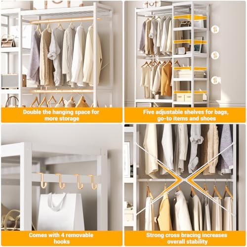 Homykic Bamboo Clothing Rack with 7 Adjustable Shelves, 2 Hang Rods, White - Image 5