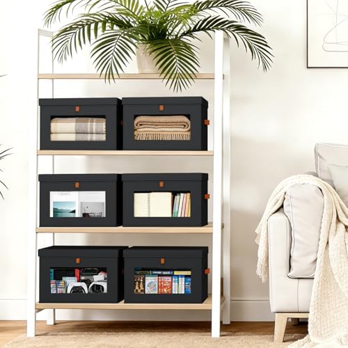 DIMJ Storage Bins with Lids - 6 Pack Large Fabric Closet Organizer with Window & Handles, Collapsible Decorative Storage Boxes for Shelves Under Bed, Books Clothes Blankets Sweaters Organization - Image 5