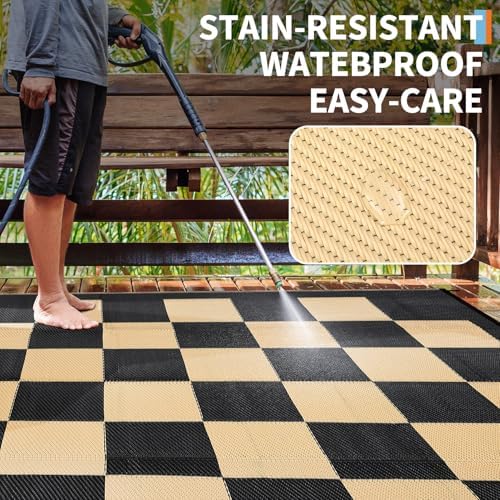 GarveeHome Large Outdoor Rug 9 x 18 Waterproof Modern Checkboard Plastic Straw Rug, Foldable Reversible Camping Mat, UV-Resistant Geometric Plaid Woven Carpet for Picnic, Deck, Black Brown - Image 4