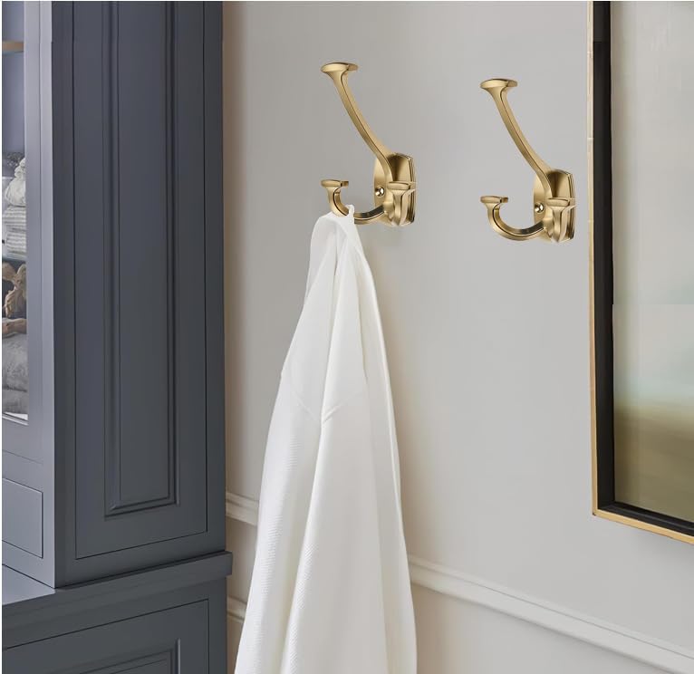 Brushed Brass Hooks Large Wall Mounted Decorative Solid Heavy-Duty Double-Sided Coat Hooks Triple Coat Hook Towels Coats Robes Towels Bag Bathroom Three Prong Coat Hook (10 Pack) - Image 3