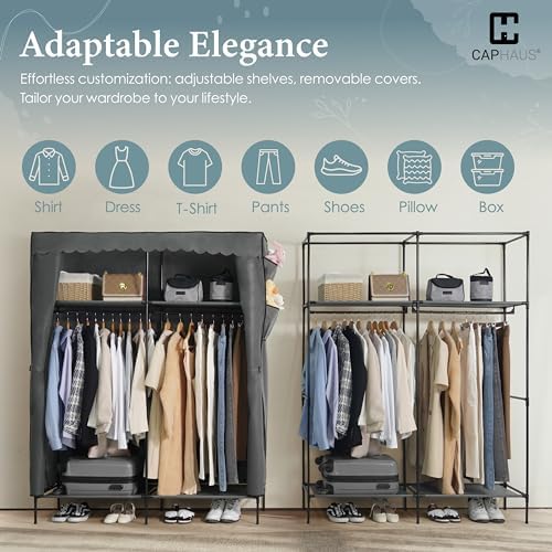 CAPHAUS 55-Inch Clothing Rack with Cover, Portable Closet Wardrobe, Covered Garment Rack for Hanging Clothes, 190LB Capacity Heavy-Duty Metal Frame Clothes Organizer Rack with Storage Shelves - Image 7