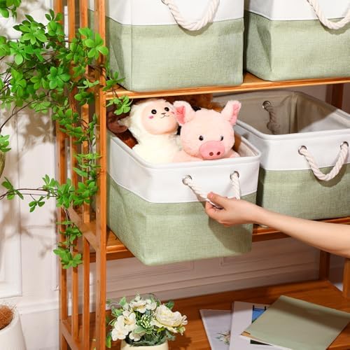 meekoo 8 Pack Fabric Storage Bins Baskets, 15 x 11 x 9.5 in, Green White - Image 2
