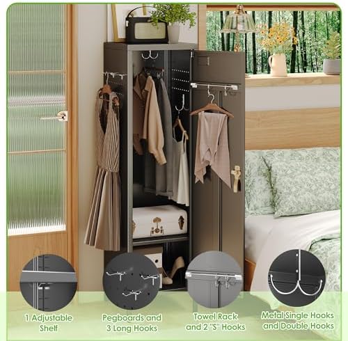 SUPEER 1-Door Metal Locker with Lock, Pegboard, Hooks and Hanging Rod - Image 6