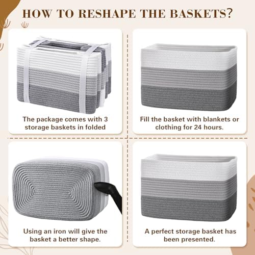 Baskets for Organizing,Storage Baskets,3 Pack Baskets for Shelfves,15"×10"×9" Woven Grey Basket,toy storage bins,bins for organization - Image 6