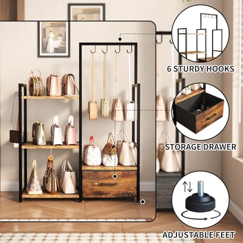 Handbag Organizer - 3 Tier Purse Storage Rack with Pull Out Drawer & 6 Hooks, High Capacity Handbag Holder Shelf, Metal Frame with Wood Shelves for Closet/Bedroom﻿(Rustic Brown) - Image 5