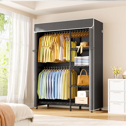 ULIFHOME F2C Clothes Rack with Cover, Black Closet with Dark Gray Cover - Image 2