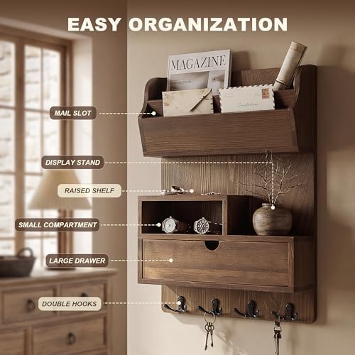 Rebee Vision Pine Wood Key Holder Wall Mount with Drawer & 4 Hooks, Brown - Image 4