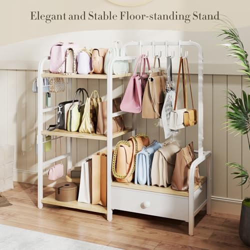 Purse Organizer for Closet, with Bottom Drawer, Extra Large Capacity 3 Tier Handbag Storage Rack for Women, 10 Purse Hanger and Hooks for Bag Organizer, Floor-Standing, Home, Living Room (Wooden) - Image 3