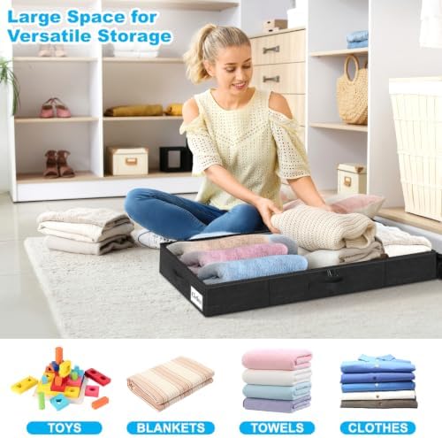 Under Bed Storage Container Bins 4 Pack, 4 Inch Thin Low Profile Underbed Clothes Storage Organizer for Dorm & Home, Use for Blanket and Toy Storage Box W/ Sturdy Bottom/Sides, Foldable Thick Fabric - Image 4