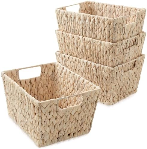Casafield Set of 4 Water Hyacinth Storage Baskets with Handles - Whitewash White, Woven Storage Bins for Shelves, Blankets, Laundry Organization by Casafield