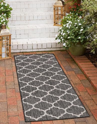 Unique Loom Outdoor Trellis Collection Area Rug (2' 7" x 10' Runner Black/Ivory) - Image 4