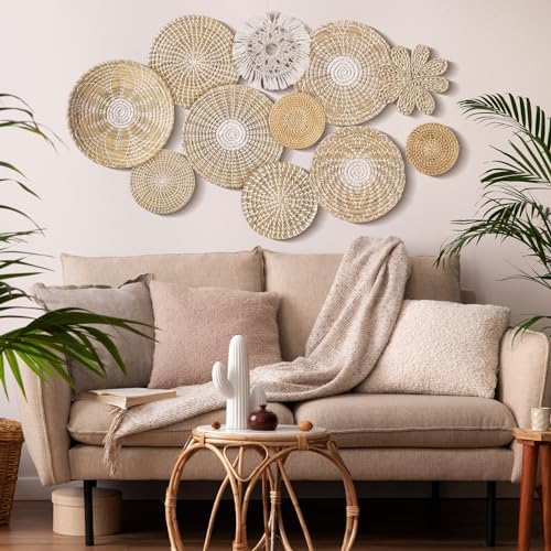 11 Pcs Boho Hanging Wall Basket Decor Handmade Woven Basket Wall Decorative Boho Wicker Baskets Placemats Round Farmhouse Bulrush Art for Rustic Home Decorations Christmas Gift(Fresh) - Image 2