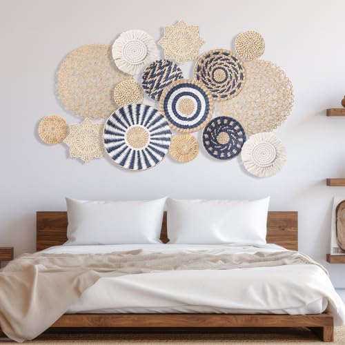15 Pcs Boho Wall Basket Decor Woven Rattan Seagrass Wall Decor Hanging Rustic Farmhouse Western Art Decoration for Nursery Living Room Bedroom Home Kitchen(Blue Style) - Image 4