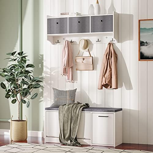 Mondeer Wooden Coat Rack Shelf Wall Mounted with 3 Baskets 5 Hooks White - Image 6