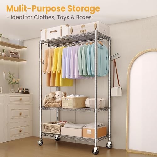Metal Rolling Clothes Rack 695LBS Wardrobe Rack with Wheels Chrome - Image 6