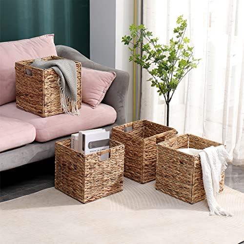 12x12in Storage Baskets 4 Pcs Water Hyacinth Basket,Foldable Storage Cubes - Image 5