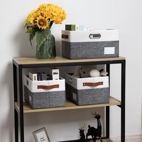 PRANDOM Larger Foldable Storage Bins with Handles [5-Pack] Fabric Collapsible Storage Boxes Baskets Cubes Containers with Handles for Closet Living Room Bedroom (Grey & White 17.3x12.2x10.4') - Image 2