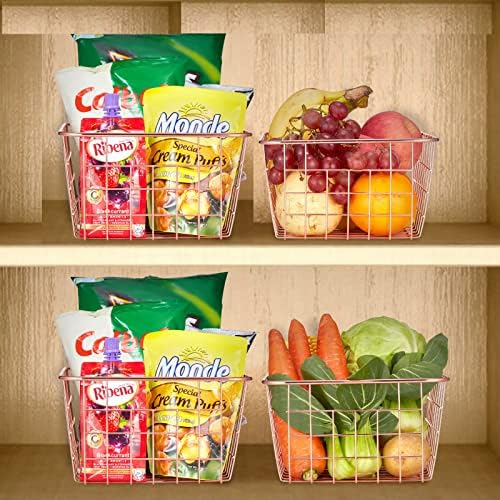 Wire Storage Basket Organizer Bin Baskets for Kithen Cabinets Freezer Bedroom Bathroom (2, Rose Gold) - Image 5