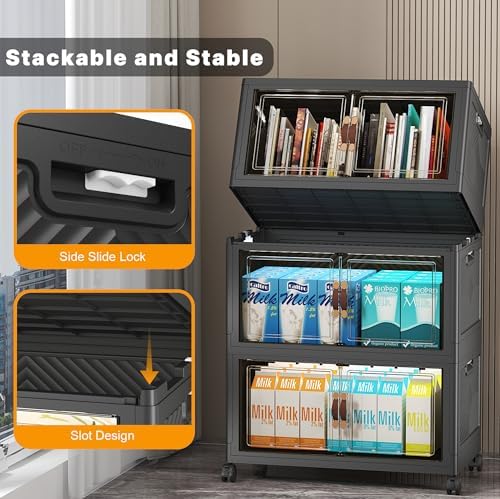 UAMFURI Stackable Storage Bins with Lids & Wheels & Door, Foldable Collapsible Closet Organizers, Extra Large Plastic Storage Drawers for Bedroom Dorm Office Garage (Dark-52qt, 3Pack with 1 top lid) - Image 3
