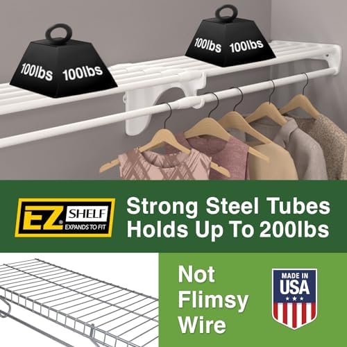 EZ Shelf - Hanging Shelf - Closet Rod - Expands 17.5-27” - White, Closet Shelves - Strong, Holds 200 lbs - DIY, Easy Install - to 2 Side Walls - Alternative to Wire Shelving - Image 3