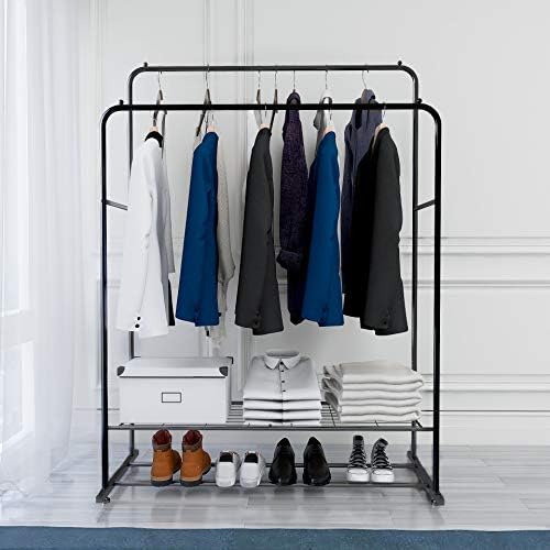 Double Rail Clothes Rack Metal Garment Rack with 2-Tier Bottom Shelves Portable Space-Saving Hanger Hanging, Black - Image 3