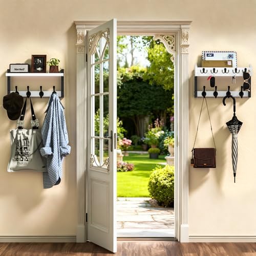 35'' White Coat Rack Wall Mount with Shelf, Solid Wood Coat and Key Hanger with 13 Metal Hooks, Farmhouse Wall Organizer for Mail, Entryway Wall Hangers for Hats, Clothes, Backpacks, Mudroom - Image 4