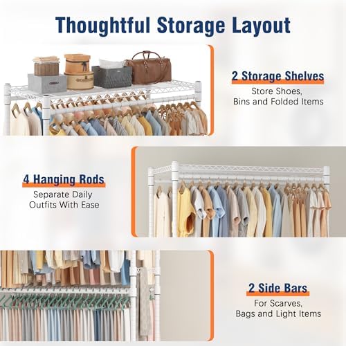 Homdox Heavy Duty Rolling Clothes Rack, Adjustable Clothing Rack for Hanging Clothes, Portable Closet Rack with 4 Hanging Rods, 2 Storage Shelves, 35.5" W x 20.5" D x 80" H, White - Image 6