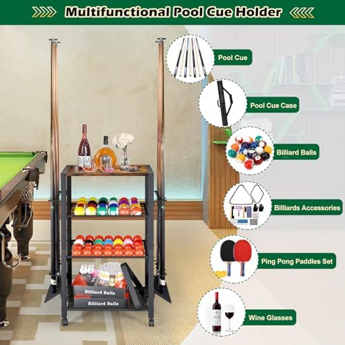 Pool Stick Holder Rack Stand for 8 Cue Sticks - Billiard Game Room Storage Cart with Organizer for Balls, Pool Table Accessories and Equipment - Heavy Duty Floor Stand Cue Stick Rack for Home or Bar - Image 3