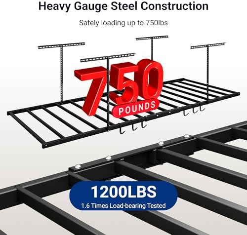 FLEXIMOUNTS 4x8 Overhead Garage Storage Rack with 6 Hooks, 2 Pack, Black - Image 2