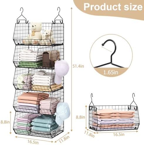 5 Tier Extra Large Closet Hanging Organizer with 5 Dividers,16.5"L x 11.8"W x 51.4"H Closet Organizers and Storage with 5 S Hooks,Clothes Organizer for Sweaters Clutches Handbags Hats Accessories - Image 3