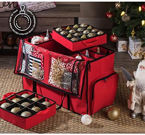 ZOBER All in One Christmas Ornament Storage Box & Decoration Container - Easy Access Removable Trays, Keeps 73 Ornaments - Adjustable Extent Area for Figurines and Pockets for Decoration - Red - Image 2