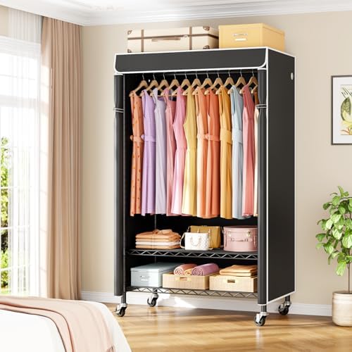 ULIFHOME P6C Rolling Clothes Rack with Cover, 3-Tier Covered Clothing Rack - Image 2