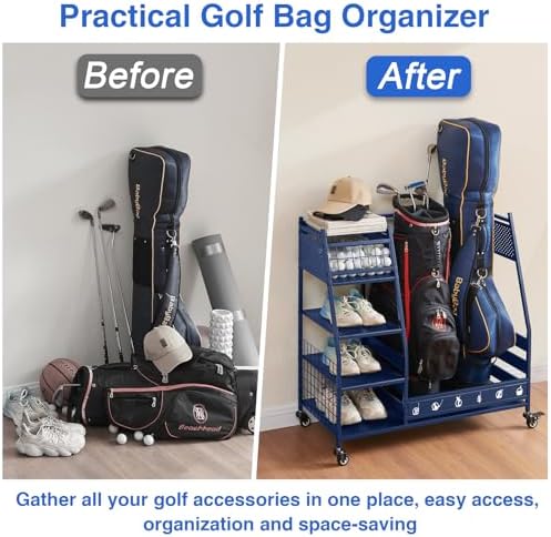 Lauren&Harold Golf Bag Organizer Garage Storage, Golf Storage Rack Stand Fits 2 Golf Bags, Golf Clubs and Other Golfing Equipment Accessories, Golf Organizer for Garage, Club, Shed, Basement - Image 6