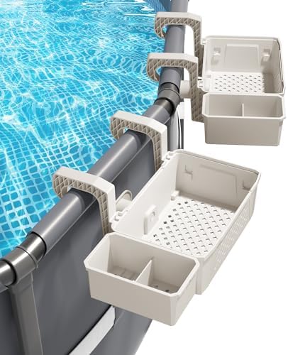 AquaJoyer 2 Sets of Poolside Storage Baskets with Cup Holders - Perfect for 3-Inch or Smaller Top Rails - Above Ground Pool Accessories - Fit for Most Above Ground Pool（Beige） by Unknown