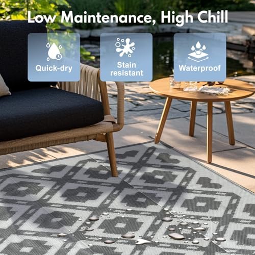 PASAMIC 9x18ft Outdoor Rug Waterproof, Reversible Plastic Straw Outdoor Patio Rug Clearance, Portable Indoor Outdoor Carpet for Patio, RV, Deck, Balcony, Backyard, Picnic, Beach, Square Dashed Gray - Image 3
