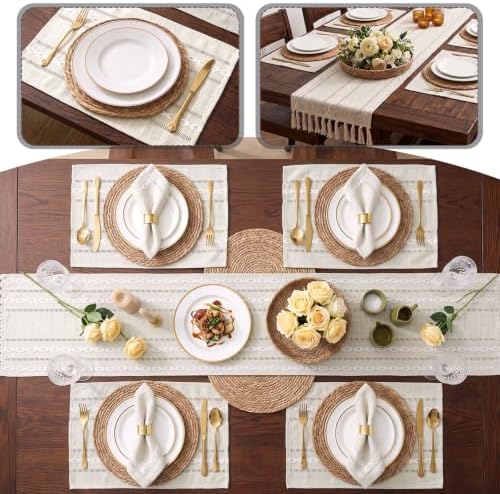 Long Table Runner and Round Woven Placemats Set, 6 Sets, Beige - Image 6