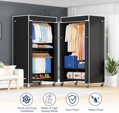 ULIFHOME P8C Heavy Duty Clothes Rack（With Extended Width Design） Rolling Clothing Racks for Hanging Clothes with Lockable Wheels，31.5" W x 15.8" D x 80.5" H，Max Load 600LBS，Black Rack with Black Cover - Image 4