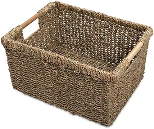 Large Wicker Storage Basket with Wooden Handles, Seagrass Basket for Shelves, Natural Wicker Bin With Handle for Storage 14.5 x 10.3 x 7.5 inches by VATIMA