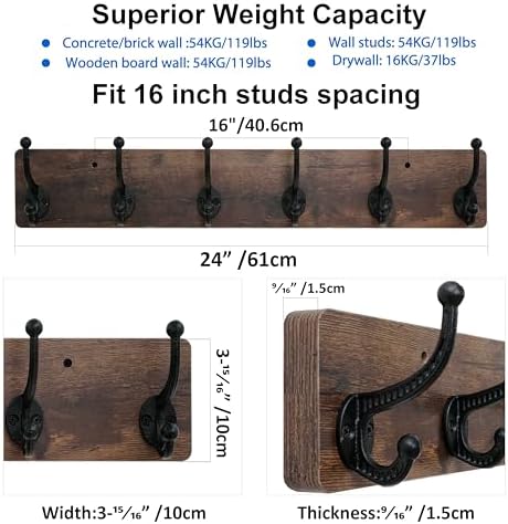 WEBI Rustic Coat Rack Wall Mount,24" Long 6 Cast Iron Coat Hooks Wall Mounted,Heavy Duty Wood Wall Coat Hanger Hooks for Hanging Coats,Jacket,Clothes,Backpack,Farmhouse,Rustic Brown,2 Packs - Image 3