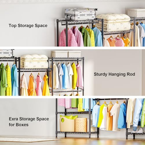 M MZG Heavy Duty Rolling Garment Rack 6 Tiers Adjustable Wire Shelving Clothes Rack with Rods Storage Closet Clothing Rack Black 15.7" D x 70.8" W x 76.5" H - Image 3
