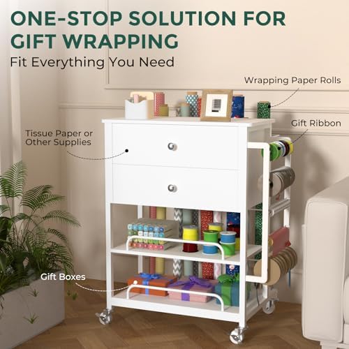 Wrapping Paper Storage & Organizer, Craft Cart with Ribbon & Gift Bag Storage, Wrapping Paper Organizer Holder(2 Wooden Drawers-White) - Image 4