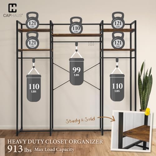 CAPHAUS 913lbs Capacity Garment Rack for Hanging Clothes, Heavy Duty Open Wardrobe w/Hanging Rods, Free Standing Closet Organizer, Clothing Rack, Metal Closet w/Wooden Boards, Rustic Oak Board - Image 3