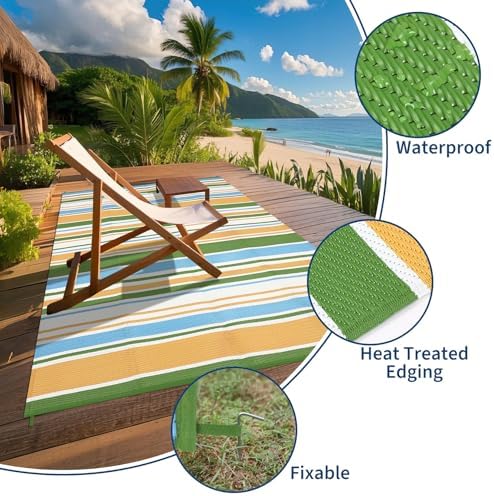 GAOMON Geometric Striped 8x10 Outdoor Rug Waterproof Colorful Reversible Plastic Straw Carpet UV-Resistant Portable Modern Camping Outdoor Rugs for RV Deck Trailer Beach, Yellow Blue Green White - Image 4